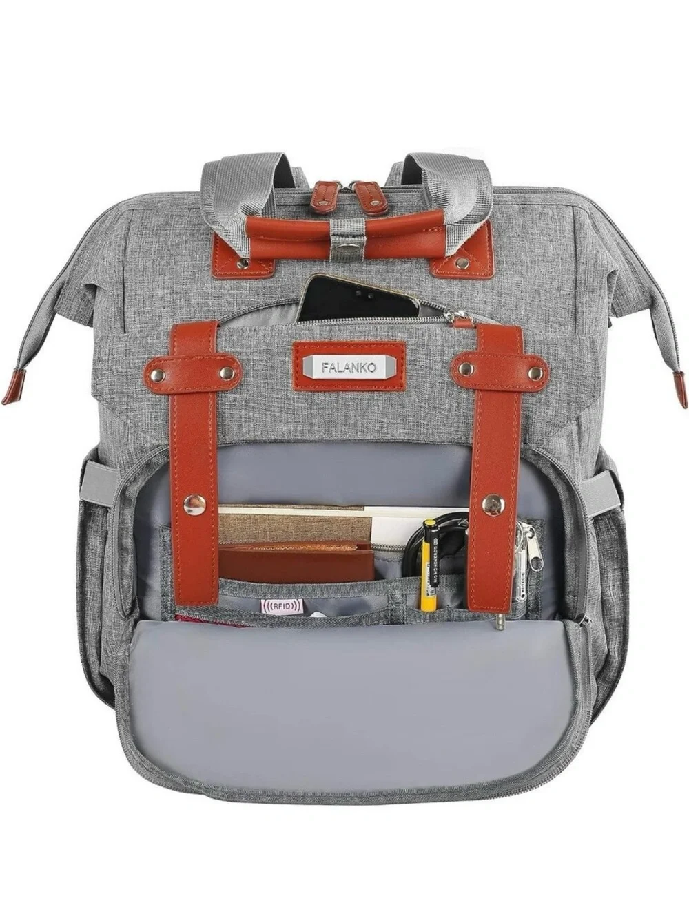 Falaniko Gray Backpack with Brown Trim Travel & Commuter Bag USB Charging Port